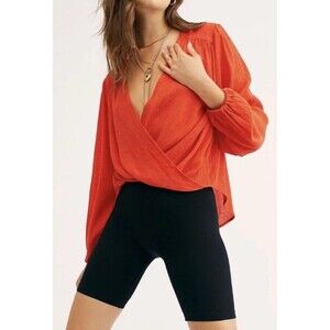 Free‎ People Blouse Top Sz S Wrap Top Red Shirt V-neck Flowy Fairycore Whimsical